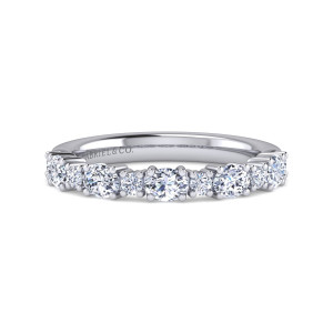 Gabriel & Co. AN16169W44JJ 14 karat white gold Contemporary anniversary band, front view of larger elongated stones alternating with small round stones along the top