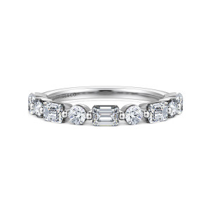 Gabriel & Co. AN16204W44JJ 14 karat white gold Contemporary anniversary band, front view of sideways rectangular stones alternating with round stones between ball shaped prongs