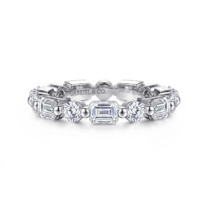 Gabriel & Co. AN16205-4W44JJ 14 karat white gold Contemporary eternity band, front view of a rectangular stone between two round stones, joined by small beads