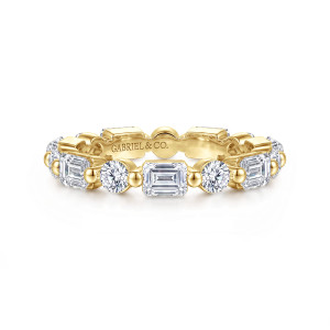 Gabriel & Co. AN16205-4Y44JJ 14 karat yellow gold Contemporary eternity band, front view of a rectangular diamond between two round diamonds, with round beads dividing them