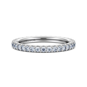 Gabriel & Co. AN16206-4W44JJ 14 karat white gold Classic eternity band, front view of matching round diamonds held by tiny shared prongs along the face