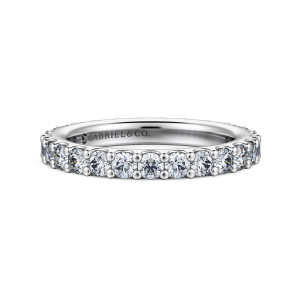 Gabriel & Co. AN16207-4W44JJ 14 karat white gold Classic eternity band, front view of round stones separated by pairs of small round prong beads
