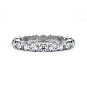 Gabriel & Co. AN16210-4W44JJ 14 karat white gold Classic eternity band, front view of evenly spaced round diamonds with small metal beads between them and a scalloped inside