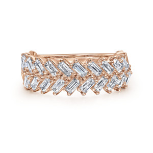 Gabriel & Co. AN16261K43JJ 14 karat rose gold Contemporary anniversary band, front view of two rows of angled baguette diamonds forming a herringbone zigzag