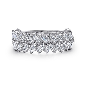 Gabriel & Co. AN16261W43JJ 14 karat white gold Contemporary anniversary band, front view of two rows of slanted baguette stones meeting in a herringbone zigzag