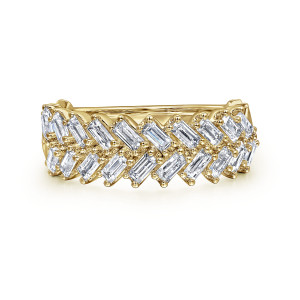 Gabriel & Co. AN16261Y43JJ 14 karat yellow gold Contemporary anniversary band, front view of two rows of slanted baguette diamonds meeting in a zigzag herringbone