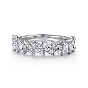 Gabriel & Co. AN16262W43JJ 14 karat white gold Contemporary anniversary band, front view of leaning marquise diamonds with ball tipped prongs along the top