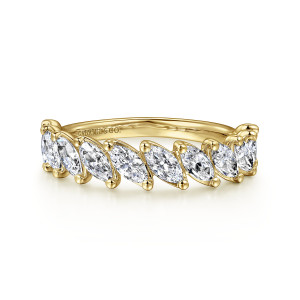 Gabriel & Co. AN16262Y43JJ 14 karat yellow gold Contemporary anniversary band, front view of slanted marquise stones leaning one way with the plain shank rising behind