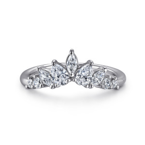 Gabriel & Co. AN16264W44JJ 14 karat white gold Starlight anniversary band, front view of a crown peak of pointed stones with a maker's mark inside the band