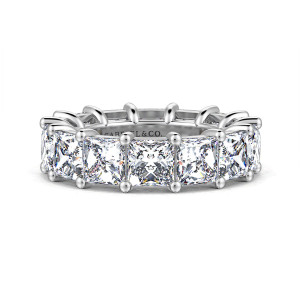 Gabriel & Co. AN16283-4W44JJ 14 karat white gold Classic eternity band, front view of square stones side by side with rounded ball tipped prongs on both edges