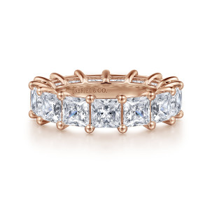 Gabriel & Co. AN16283-6K44JJ 14 karat rose gold Classic eternity band, front view of square stones side by side with ball-tipped prongs at each corner