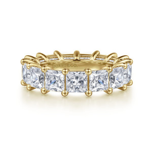 Gabriel & Co. AN16283-6Y44JJ 14 karat yellow gold Classic eternity band, front view of square stones side by side with ball-tipped prongs along both edges