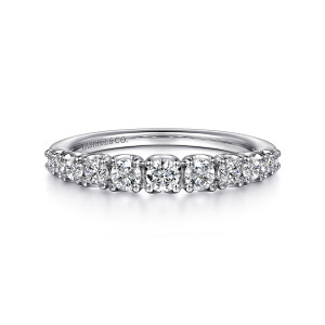 Gabriel & Co. AN16291W44JJ 14 karat white gold Contemporary anniversary band, front view of diamonds stepping down in size from the middle to tiny stones at each end