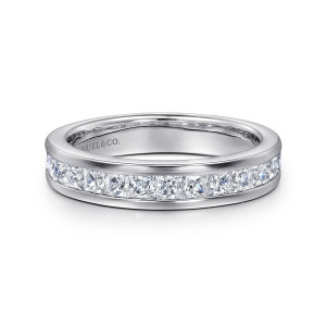 Gabriel & Co. AN16294W44JJ 14 karat white gold Contemporary wedding band, front view of square diamonds set edge to edge between raised polished rails