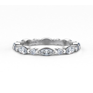 Gabriel & Co. AN16295-4W44JJ 14 karat white gold Contemporary eternity band, front view of pointed marquise stones alternating with small round stones and tiny beads