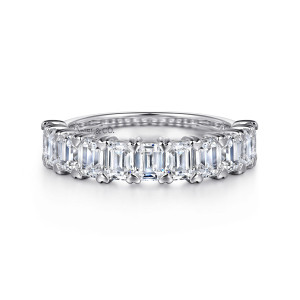 Gabriel & Co. AN16301W43JJ 14 karat white gold Classic anniversary band, front view of upright rectangular stones in one line with prongs between each pair