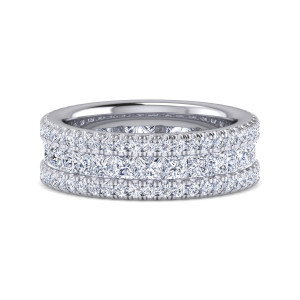 Gabriel & Co. AN16311-4W44JJ 14 karat white gold Contemporary eternity band, front view of square diamonds in a channel between two scalloped rows of small round diamonds