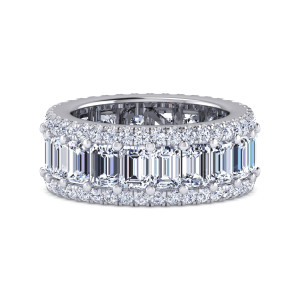 Gabriel & Co. AN16313-4W44JJ 14 karat white gold Contemporary anniversary band, front view of crosswise step cut diamonds with ball tipped prongs, edged by small round diamonds