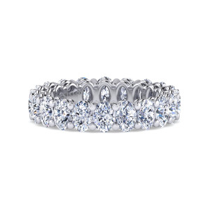Gabriel & Co. AN16316-4W44JJ 14 karat white gold Contemporary eternity band, front view of elongated diamonds set crosswise between shared prongs with beaded metal tips