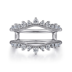 Gabriel & Co. AN16324M-W44JJ 14 karat white gold Starlight ring enhancer, front view of two mirrored crown-shaped rails of diamonds with a peak at the middle of each