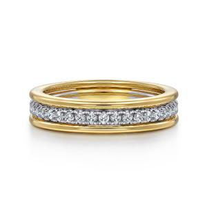 Gabriel & Co. AN16325M44JJ 14 karat white and yellow gold Contemporary wedding band, front view of two rounded rails framing a row of small round stones