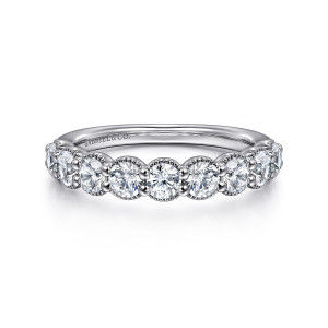 Gabriel & Co. AN16332W44JJ 14 karat white gold Victorian anniversary band, front view of milgrain ringed round diamonds divided by pairs of small prong beads