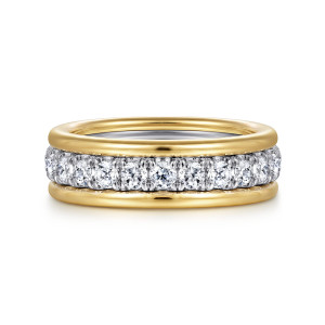 Gabriel & Co. AN16344M44JJ 14 karat white and yellow gold Contemporary anniversary band, front view of round diamonds framed by two smooth rails on a straight band