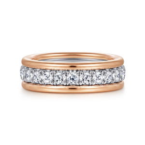 Gabriel & Co. AN16344T44JJ 14 karat white and rose gold Contemporary anniversary band, front view of round diamonds in prongs between two raised, rounded rails