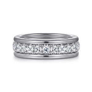 Gabriel & Co. AN16344W44JJ 14 karat white gold Contemporary anniversary band, front view of the round stones sitting between two raised polished rails