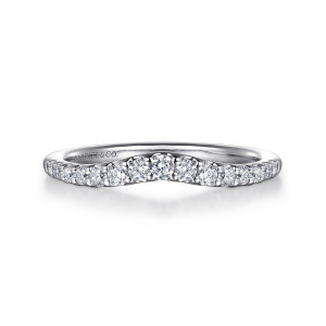 Gabriel & Co. AN16358W44JJ 14 karat white gold Contemporary anniversary band, front view of the band dipping in the middle with round diamonds shrinking toward each end