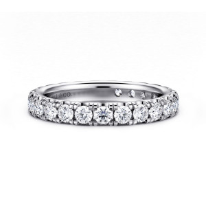 Gabriel & Co. AN16361-4W44JJ 14 karat white gold Contemporary eternity band, front view of the single row of round diamonds with more stones visible along the inner wall