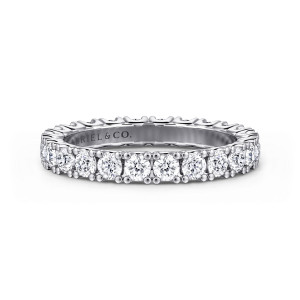 Gabriel & Co. AN16362-4W44JJ 14 karat white gold Classic eternity band, front view of the straight band with round diamonds and beaded prong tips along both edges