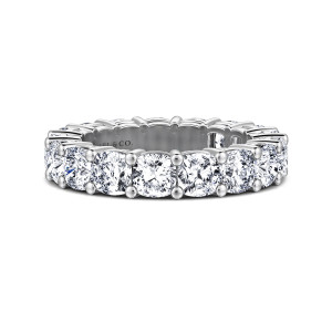 Gabriel & Co. AN16384-4W44JJ 14 karat white gold Contemporary eternity band, front view of rounded square diamonds sitting side by side with bead tipped prongs at the corners