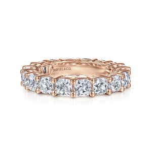 Gabriel & Co. AN16384-6K44JJ 14 karat rose gold Contemporary eternity band, front view of softened corner stones side by side, each pair joined by round tipped prongs