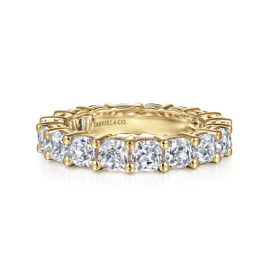 Gabriel & Co. AN16384-6Y44JJ 14 karat yellow gold Contemporary eternity band, front view of rounded corner stones lined up edge to edge with ball tipped prongs at each corner