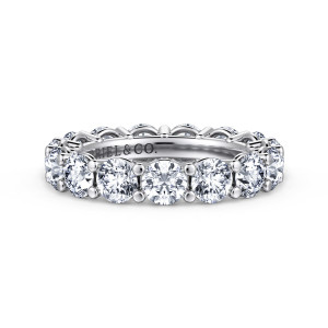 Gabriel & Co. AN16388-4W44JJ 14 karat white gold Classic eternity band, front view of round stones with ball tipped prongs rising between each pair