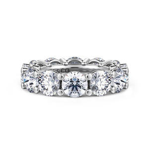 Gabriel & Co. AN16391-4W44JJ 14 karat white gold Classic eternity band, front view of round stones with bead tipped prongs at each corner and a stamped inner rim