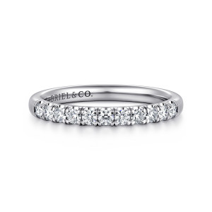 Gabriel & Co. AN16418W44JJ 14 karat white gold Classic wedding band, front view of the straight outline and round diamonds between shared prongs, with a maker's mark