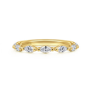 Gabriel & Co. AN16425Y43JJ 14 karat yellow gold Contemporary anniversary band, front view of pointed oval stones separated by small round metal beads along the top