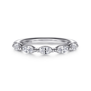Gabriel & Co. AN16426W43JJ 14 karat white gold Contemporary anniversary band, front view of sideways marquise stones separated by tiny round metal beads