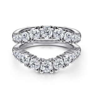 Gabriel & Co. AN16430M-W44JJ 14 karat white gold Contemporary ring enhancer, front view of both rails with beaded prongs between graduated stones and a dip at the middle