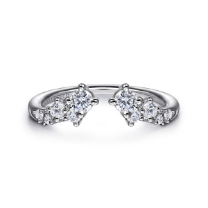 Gabriel & Co. AN16440W44JJ 14 karat white gold Contemporary anniversary ring, front view of mirrored clusters of round stones facing each other across the gap