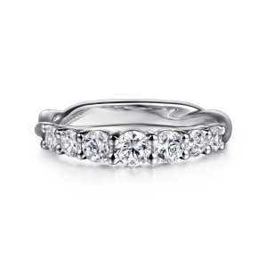 Gabriel & Co. AN16441W44JJ 14 karat white gold Contemporary anniversary band, front view of round diamonds that are larger in the middle, held by ball tipped prongs