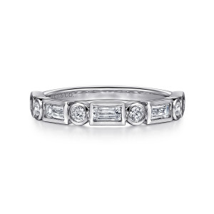 Gabriel & Co. AN16447W44JJ 14 karat white gold Art Deco anniversary band, front view of alternating baguette and round stones in smooth boxy frames
