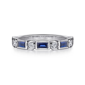 Gabriel & Co. AN16447W44SA 14 karat white gold Art Deco anniversary band, front view of alternating blue baguettes and round diamonds in squared frames