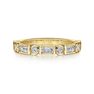 Gabriel & Co. AN16447Y44JJ 14 karat yellow gold Art Deco anniversary band, front view of alternating baguette and round stones, each in its own smooth squared or round frame
