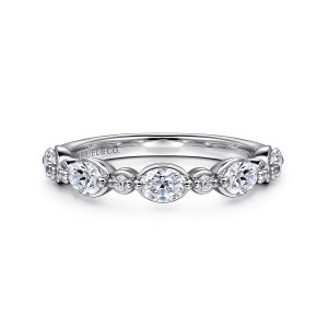 Gabriel & Co. AN16449W44JJ 14 karat white gold Contemporary anniversary band, front view of sideways elongated stones alternating with tiny round stones and small metal beads
