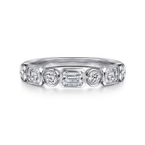 Gabriel & Co. AN16454W44JJ 14 karat white gold Contemporary anniversary band, front view of rectangular and round diamonds alternating, each in a smooth bezel rim