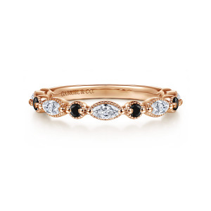 Gabriel & Co. AN16459K43BD 14 karat rose gold Victorian anniversary band, front view of marquise diamonds with milgrain rims alternating with small round black stones
