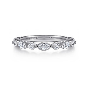 Gabriel & Co. AN16459VW44JJ 14 karat white gold Victorian anniversary band, front view of pointed marquise diamonds alternating with small round ones, joined by tiny metal beads